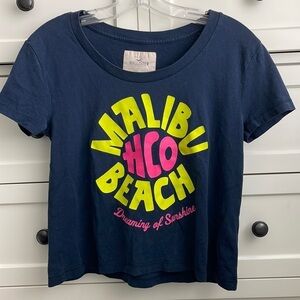 Hollister Women’s Dark Blue Crop Top w/ Neon Malibu Beach Print - Size Small
